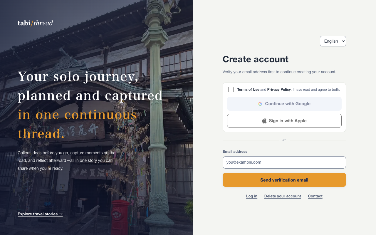 English account registration screen with the Terms and Privacy consent, Google and Apple sign-in buttons, and an email address field