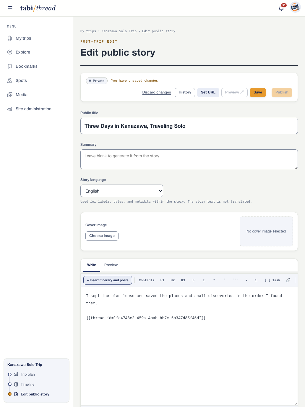 A travel-journal editor with a title, summary, and inserted timeline in the article body