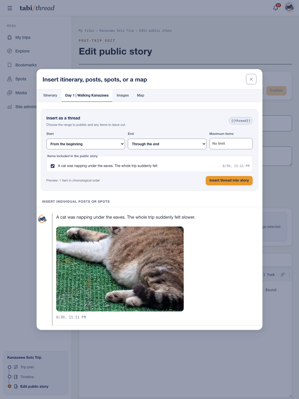 Selecting a post and its cat photo from the trip timeline for the journal