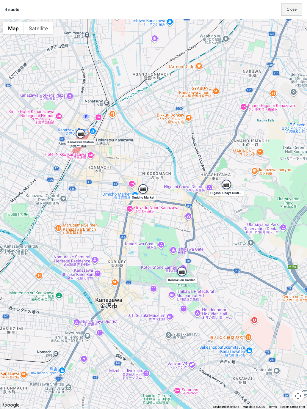 A map showing the places and route for the Kanazawa trip