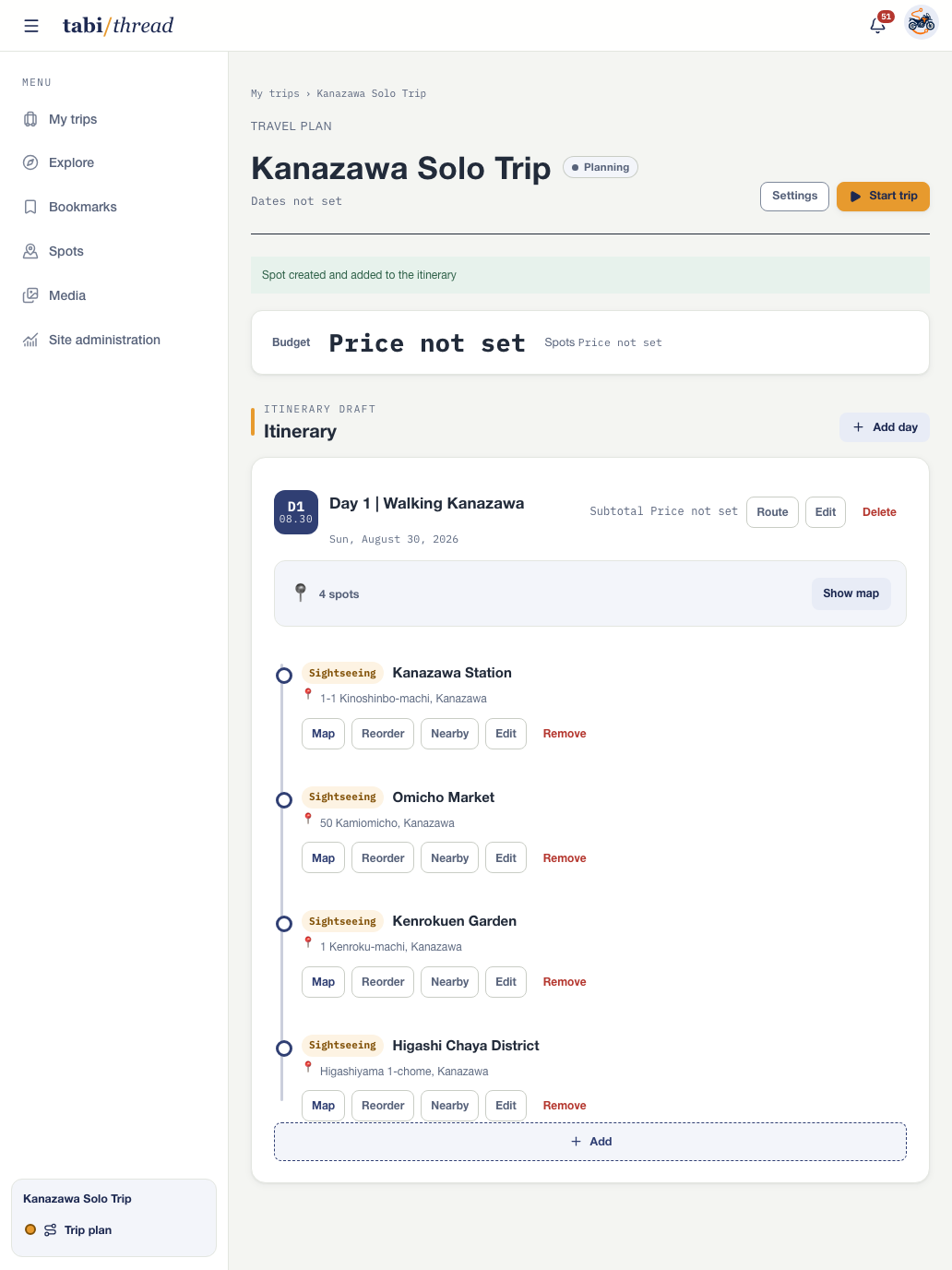 A Kanazawa travel plan with places and their visiting order