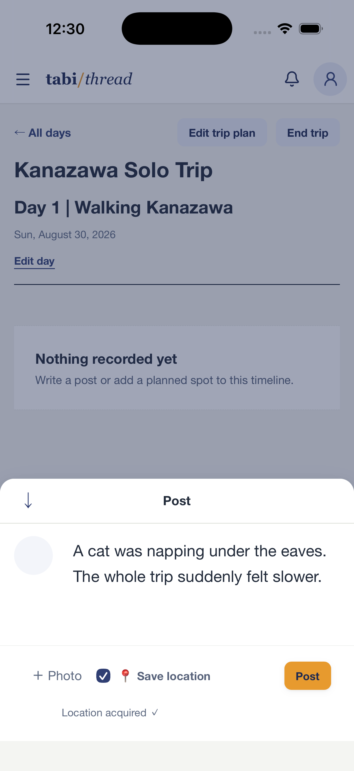 A phone composer adding one line, a cat photo, and an optional location