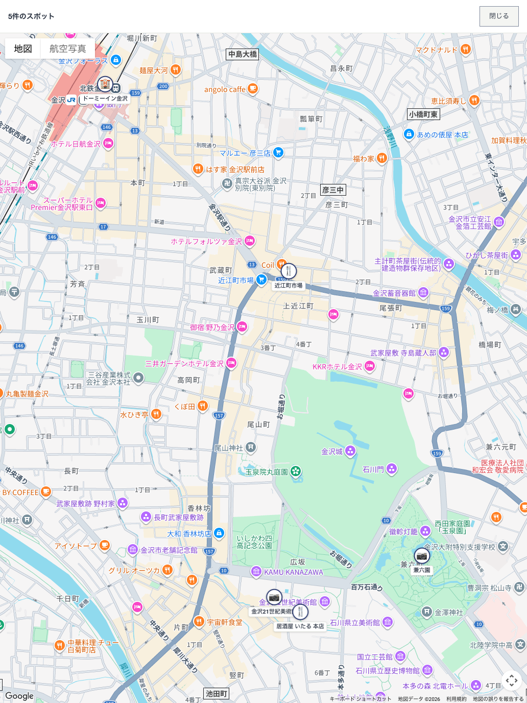 金沢旅行で回るスポットの位置と経路を表示した地図
